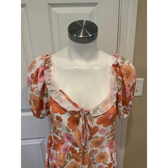 Eilly Bazar White Pink Orange Floral Crepe Puff Sleeve Mini Dress, Size XS, NWT! - Picture 2 of 7